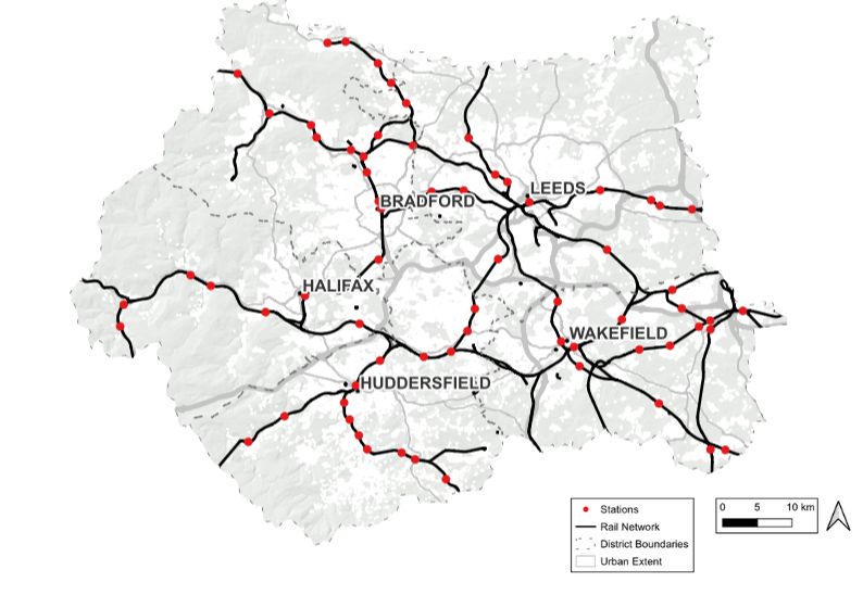 A map of rail routes in West Yorkshire, highlighting the stations and lines within the districts of Bradford, Leeds, Halifax, Huddersfield and Wakefield