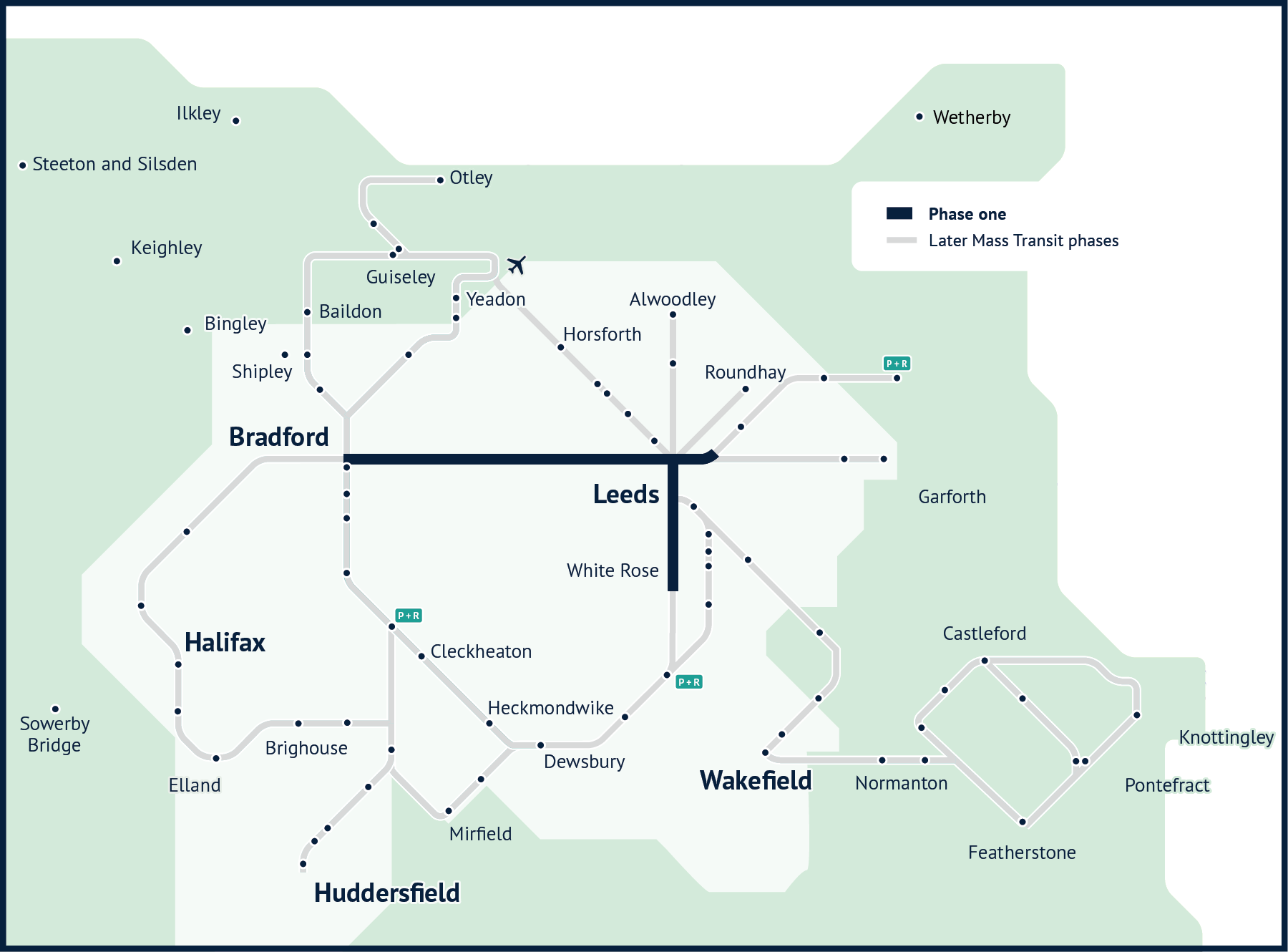 A map of the proposed West Yorkshire mass transit line. Highlighting the phase one lines from Leeds to White Rose, and Leeds to Bradford. With later mass transit phases branching out to Wakefield, Huddersfield, Halifax and neighbouring towns.